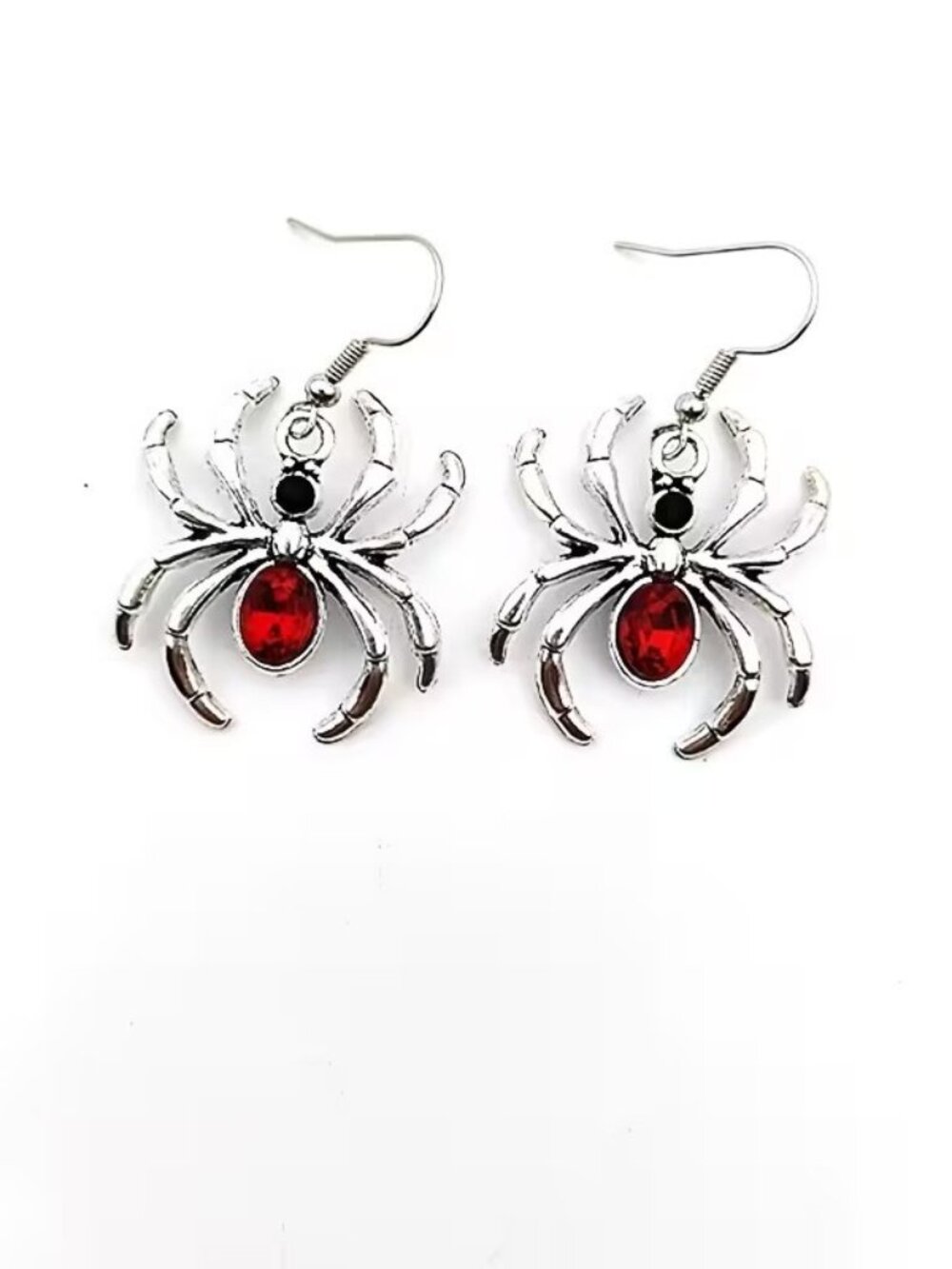 Halloween Gothic Pair of Silver and Red Spider Earrings